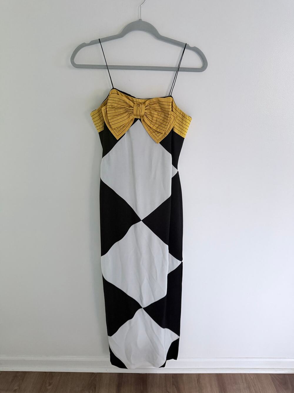 Vintage Graphic 1980s Bill Blass Black & White Diamond Yellow Bow Dress-Size 4